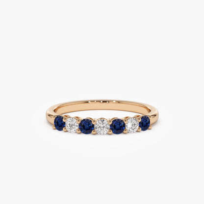 14k Gold Diamond and Sapphire Round Cut 7 Stone Basket Setting Wedding Ring 0.43 ctw