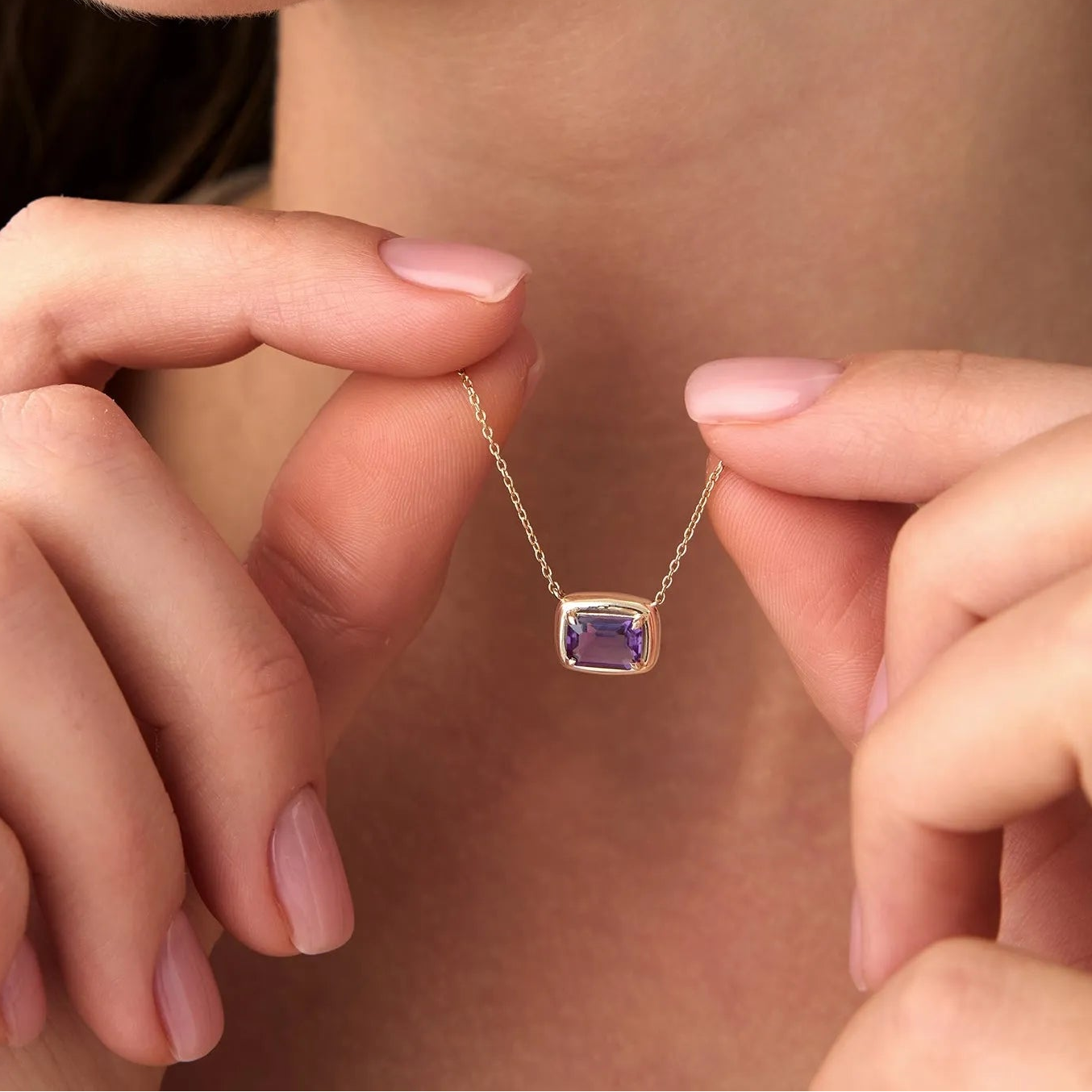 14k Solid Gold Amethyst Emerald Cut Necklace 0.95 Carat Prong Setting