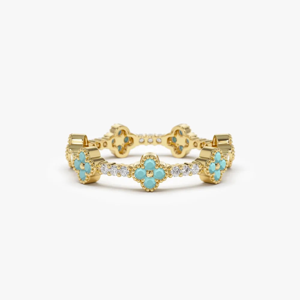 14K Gold Clover Turquoise and Diamond 0.44ctw Full Eternity Ring