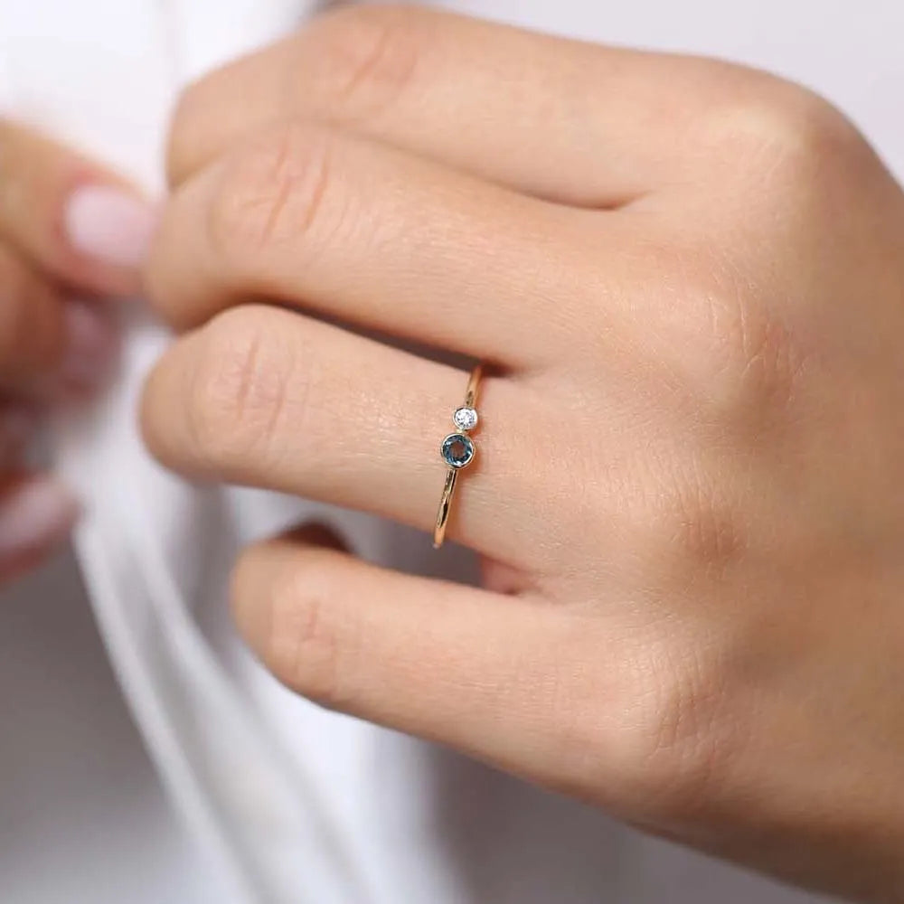 14K Gold Round London Blue Topaz and Diamond 0.18ctw Bezel Set Ring