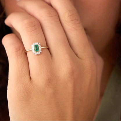 14K Gold Emerald Cut Octagon Emerald Baguette Diamond Halo Ring 0.47 CTW