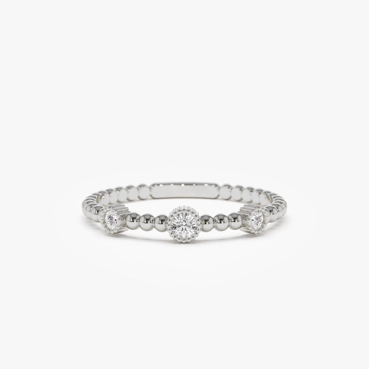 14k Solid Gold Round Diamond 0.12 ctw Three Bezel Setting Bead Band Ring