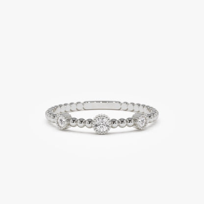 14k Solid Gold Round Diamond 0.12 ctw Three Bezel Setting Bead Band Ring