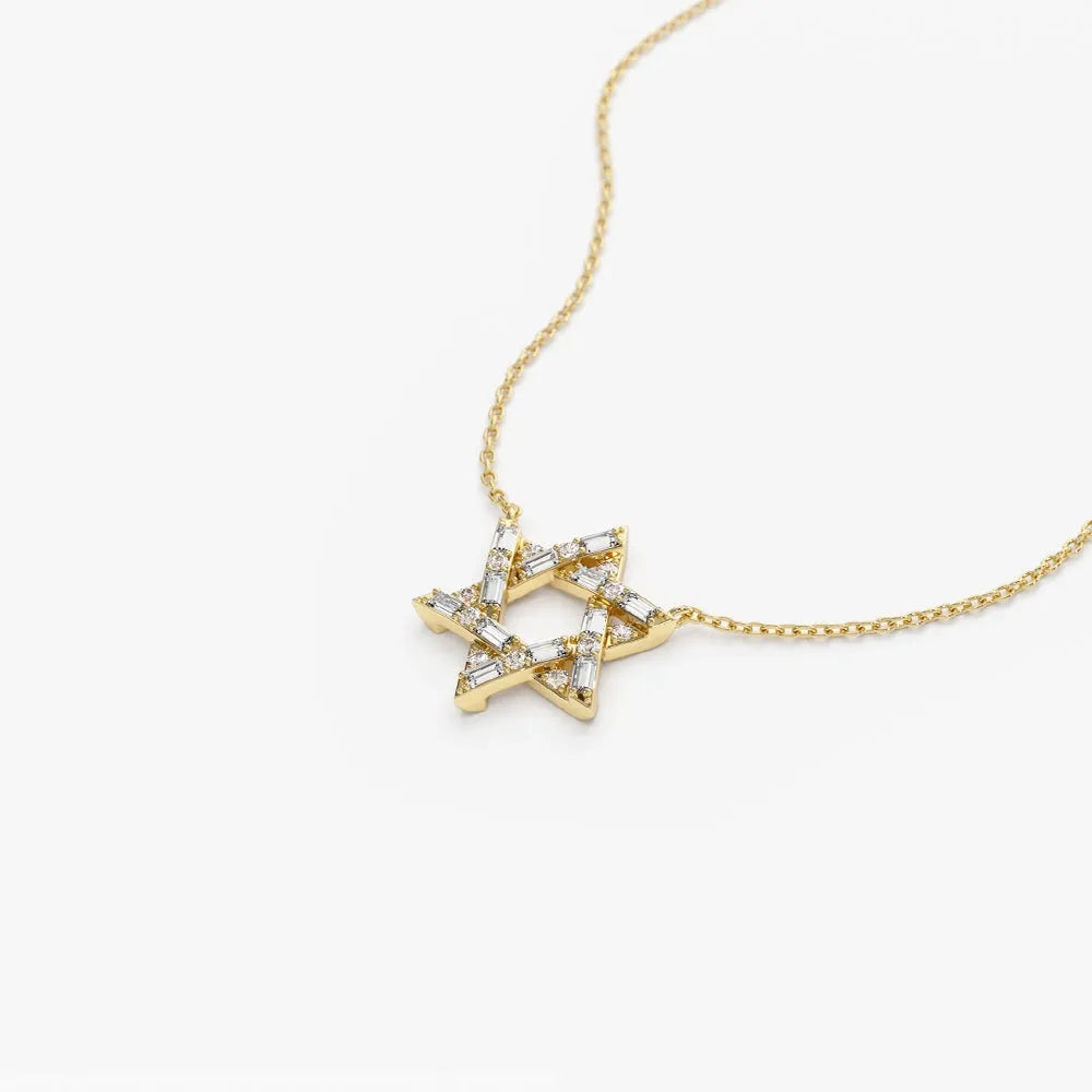 14K Solid Gold Baguette and Round Diamond Star of David Pendant Necklace 0.34ctw