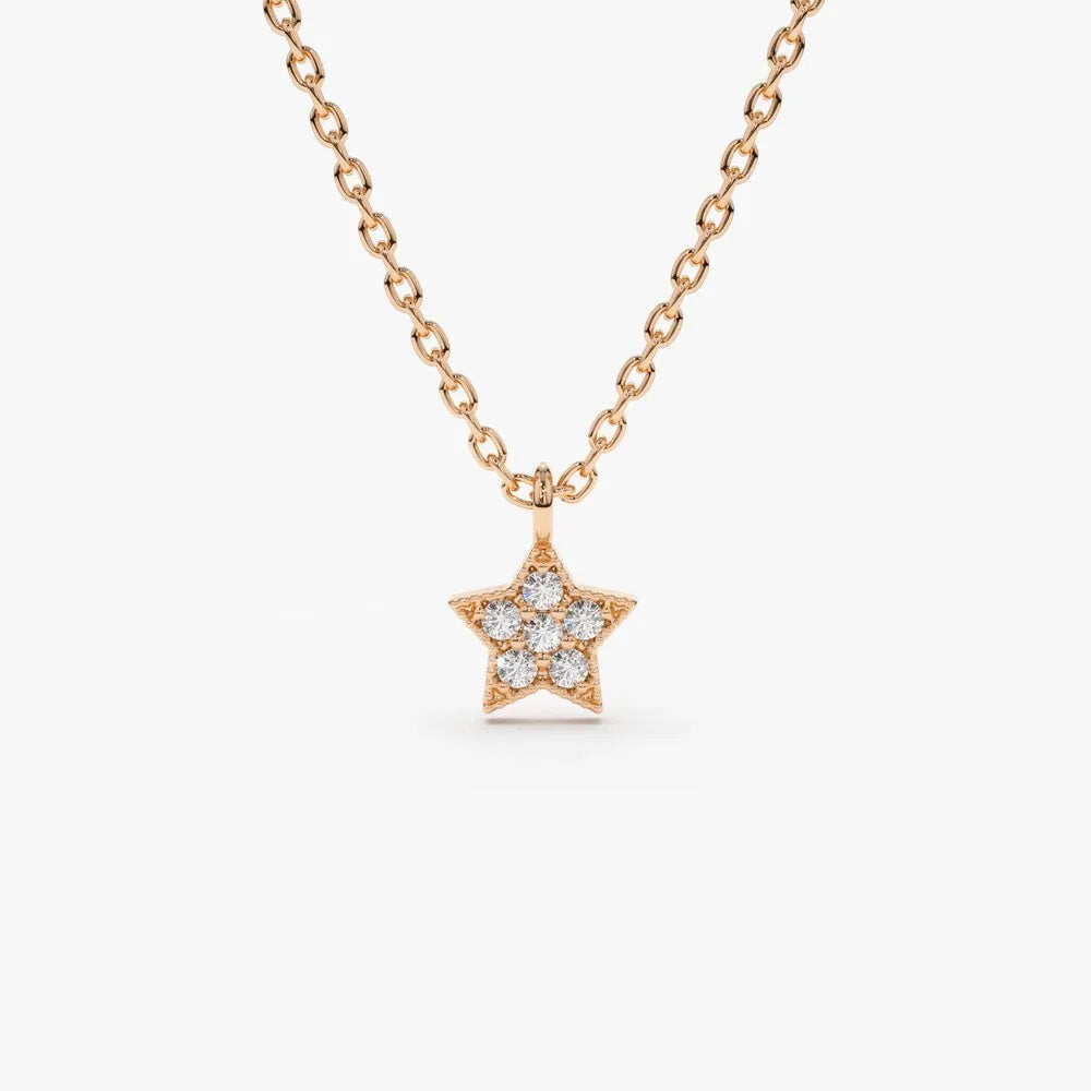 14K Solid Gold Round Diamond Micro Pave Star Charm Celestial Necklace 0.06cttw