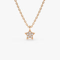 14K Solid Gold Round Diamond Micro Pave Star Charm Celestial Necklace 0.06cttw