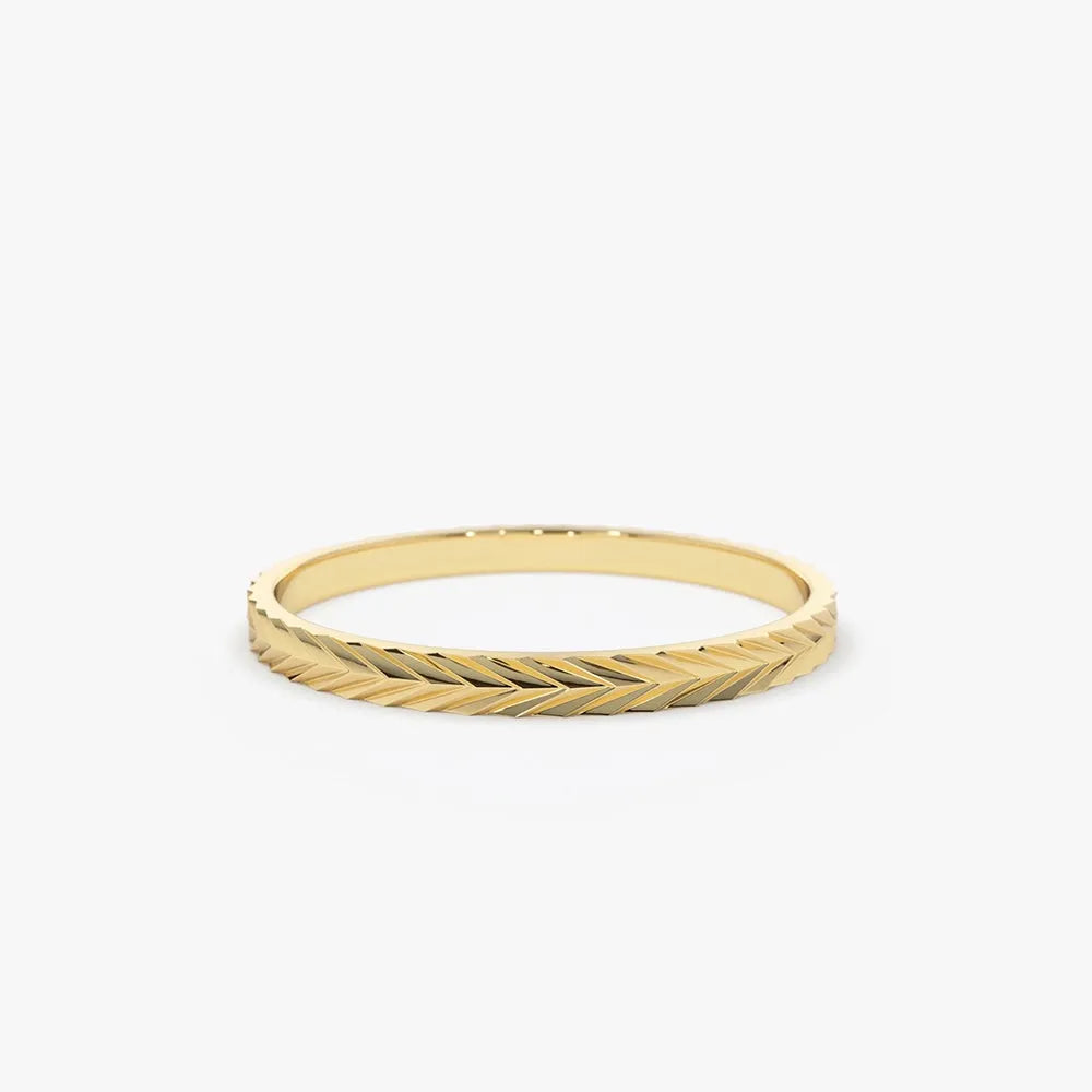 14K Solid Gold Chevron Herringbone Eternity Cut Minimalist Wedding Band Ring