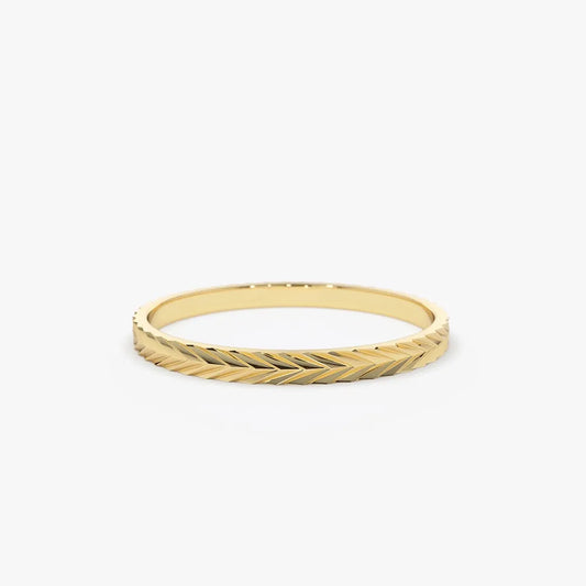 14K Solid Gold Chevron Herringbone Eternity Cut Minimalist Wedding Band Ring