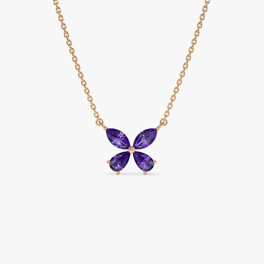 14k Solid Gold Amethyst Pear and Marquise Butterfly Necklace 0.85 Carat
