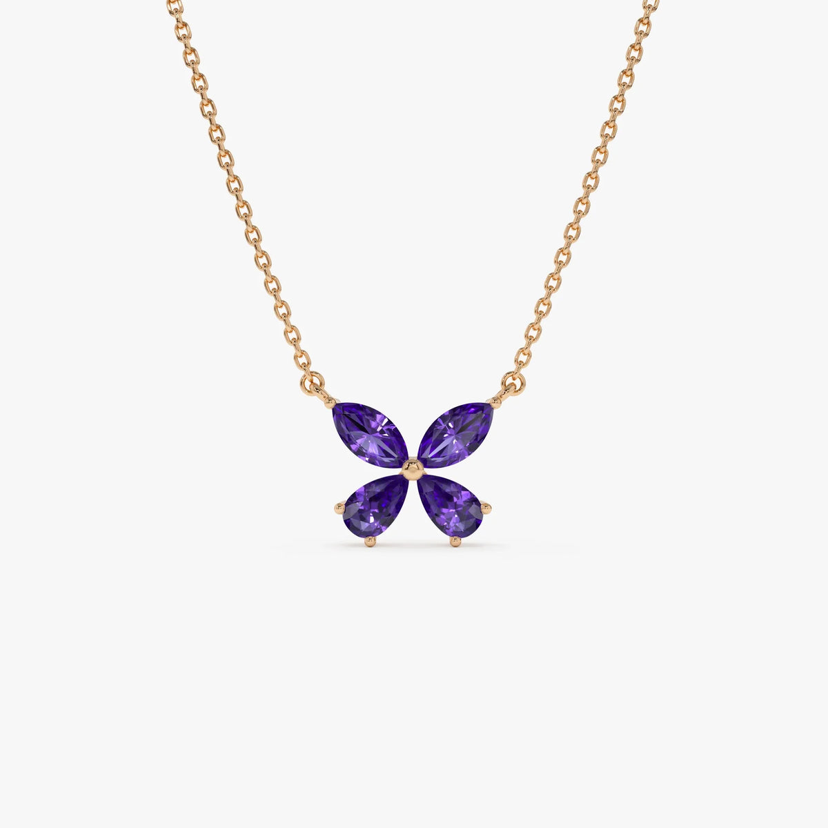 14k Solid Gold Amethyst Pear and Marquise Butterfly Necklace 0.85 Carat
