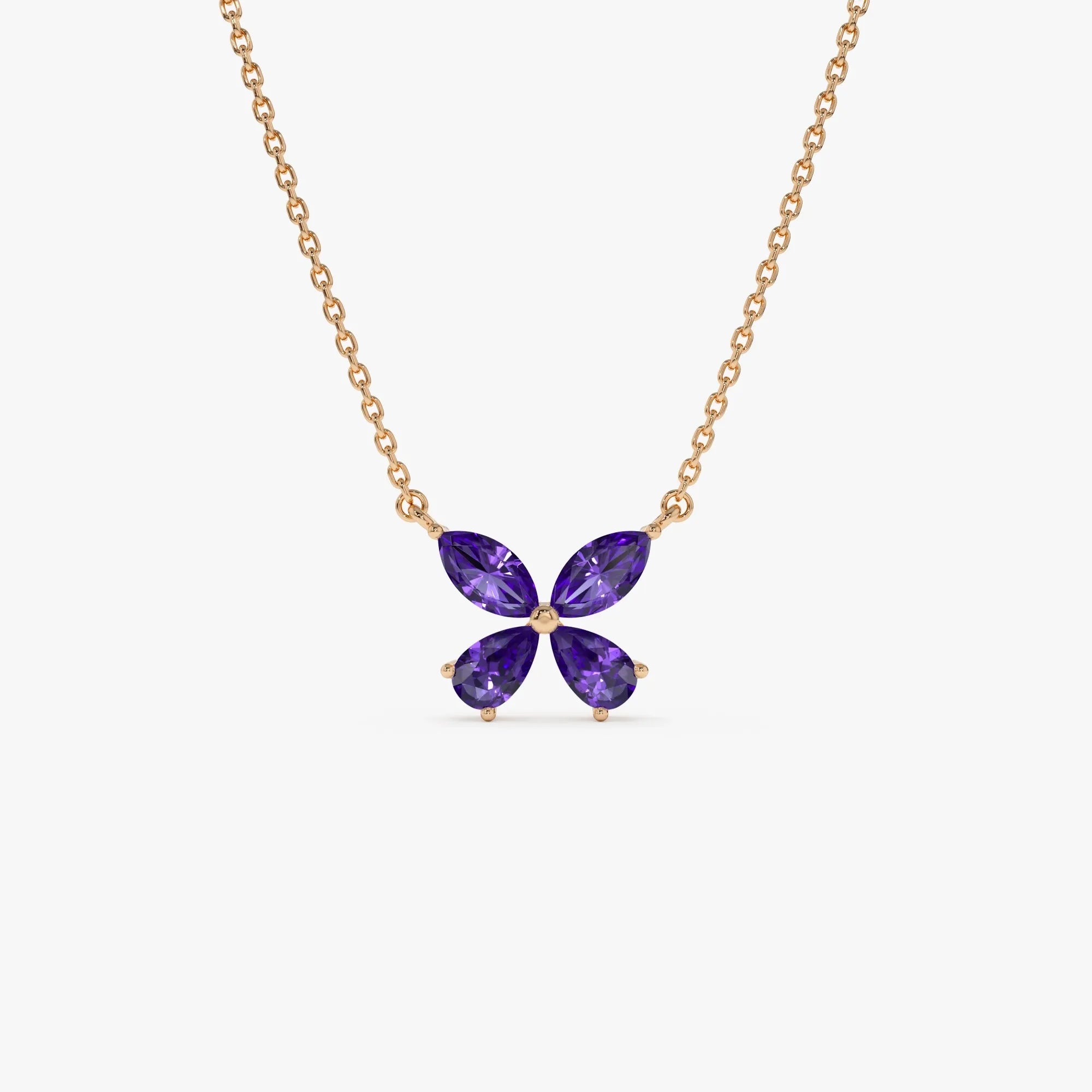 14k Solid Gold Amethyst Pear and Marquise Butterfly Necklace 0.85 Carat