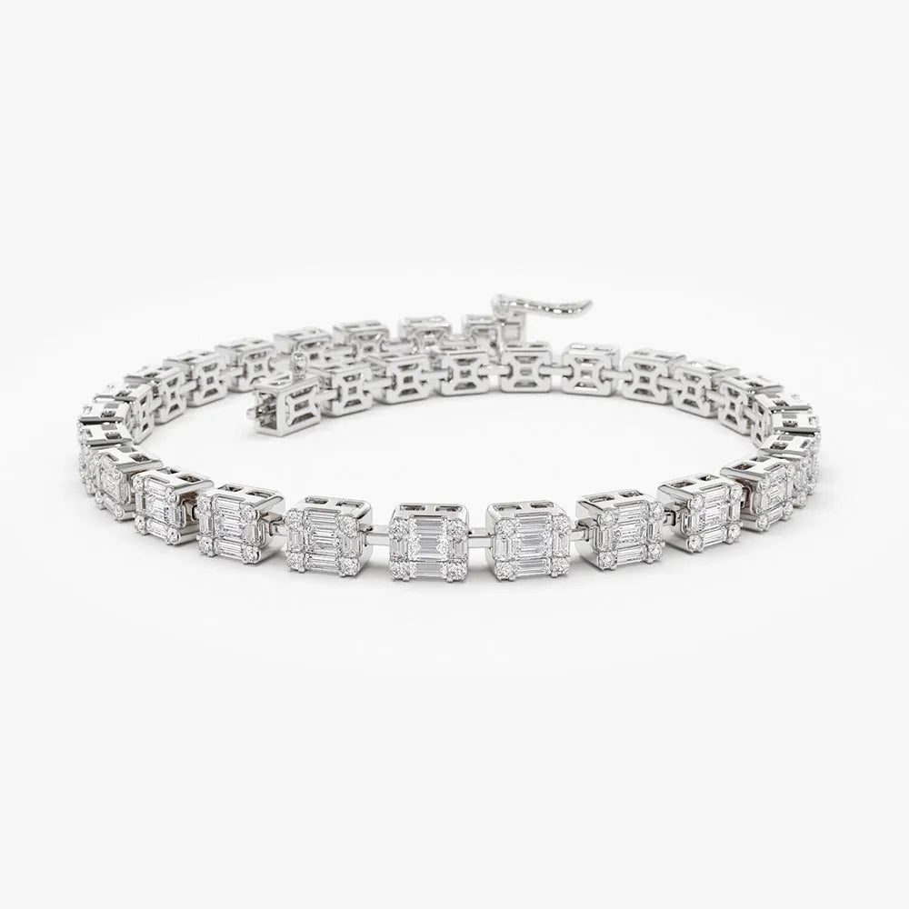 14K Solid Gold 2.43 CTW Baguette and Round Diamond Illusion Setting Tennis Bracelet