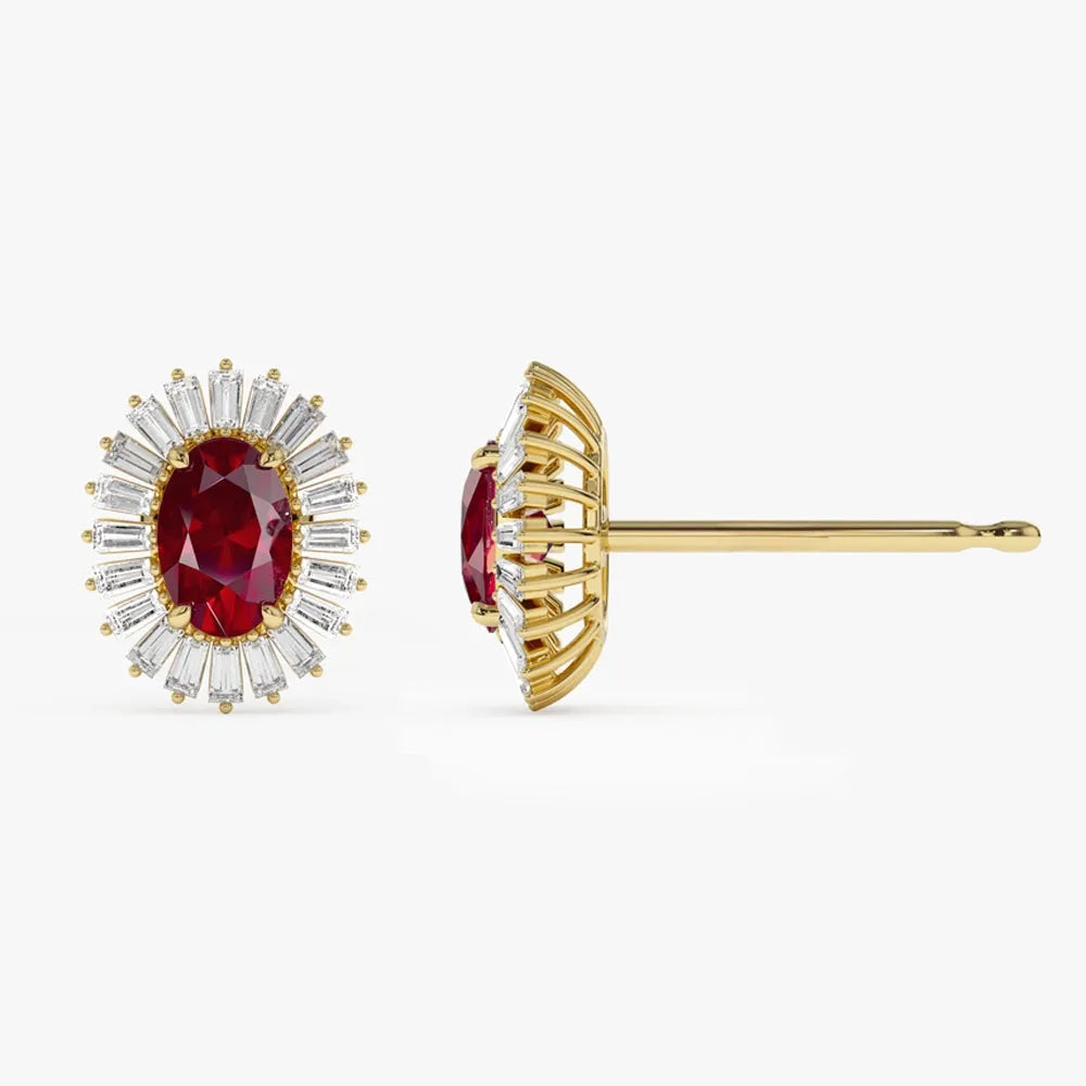 14k Solid Gold Oval Ruby and Baguette Diamond Ballerina Stud Earrings 1.70 ctw