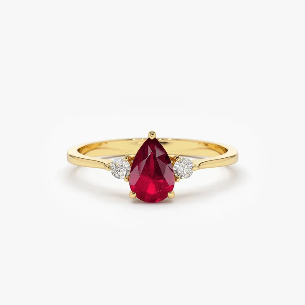 14k Gold Ruby and Diamond Pear Cut Three Stone Ring 0.47 ctw
