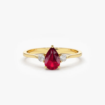 14k Gold Ruby and Diamond Pear Cut Three Stone Ring 0.47 ctw