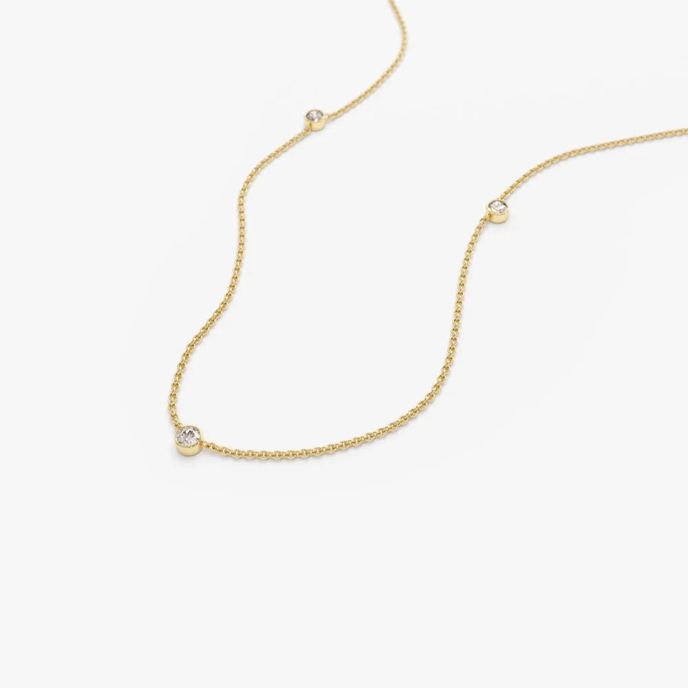 14K Solid Gold Round Diamond 3 Stone Bezel Set By The Yard Necklace 0.19cttw