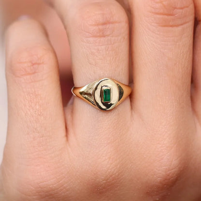 14K Solid Gold Baguette Emerald Bezel Set Signet Ring 0.15 CTW Handcrafted Jewelry
