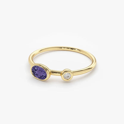14K Solid Gold Oval Amethyst and Diamond 0.52ctw Bezel Set Ring