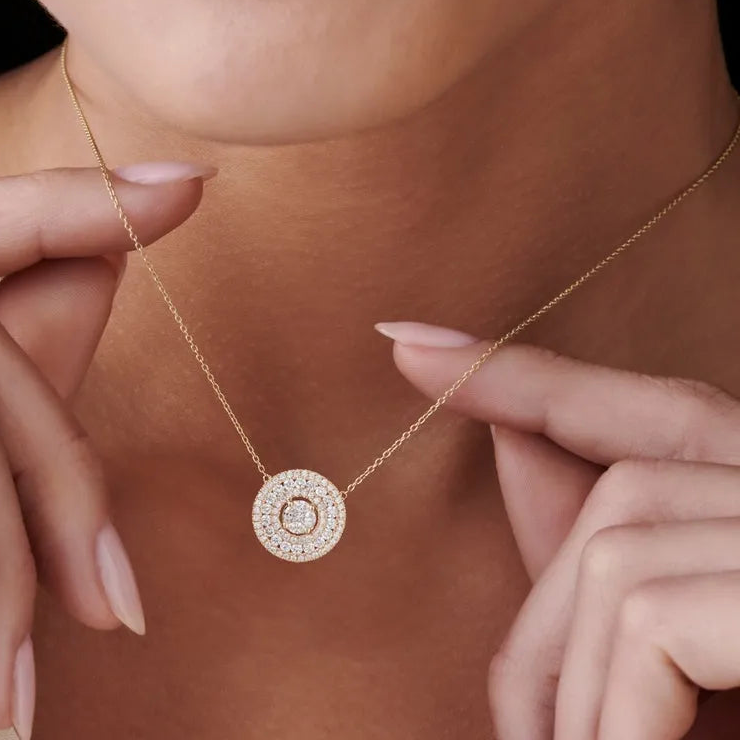 14K Solid Gold Round Marquise and Princess Cut Diamond Illusion Halo Pendant Necklace 0.84ctw