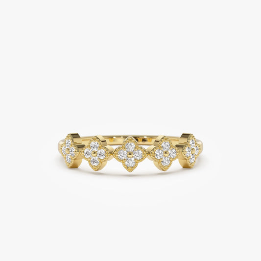 14k Solid Gold Round Diamond Stackable Clover Cluster Ring 0.20 ctw
