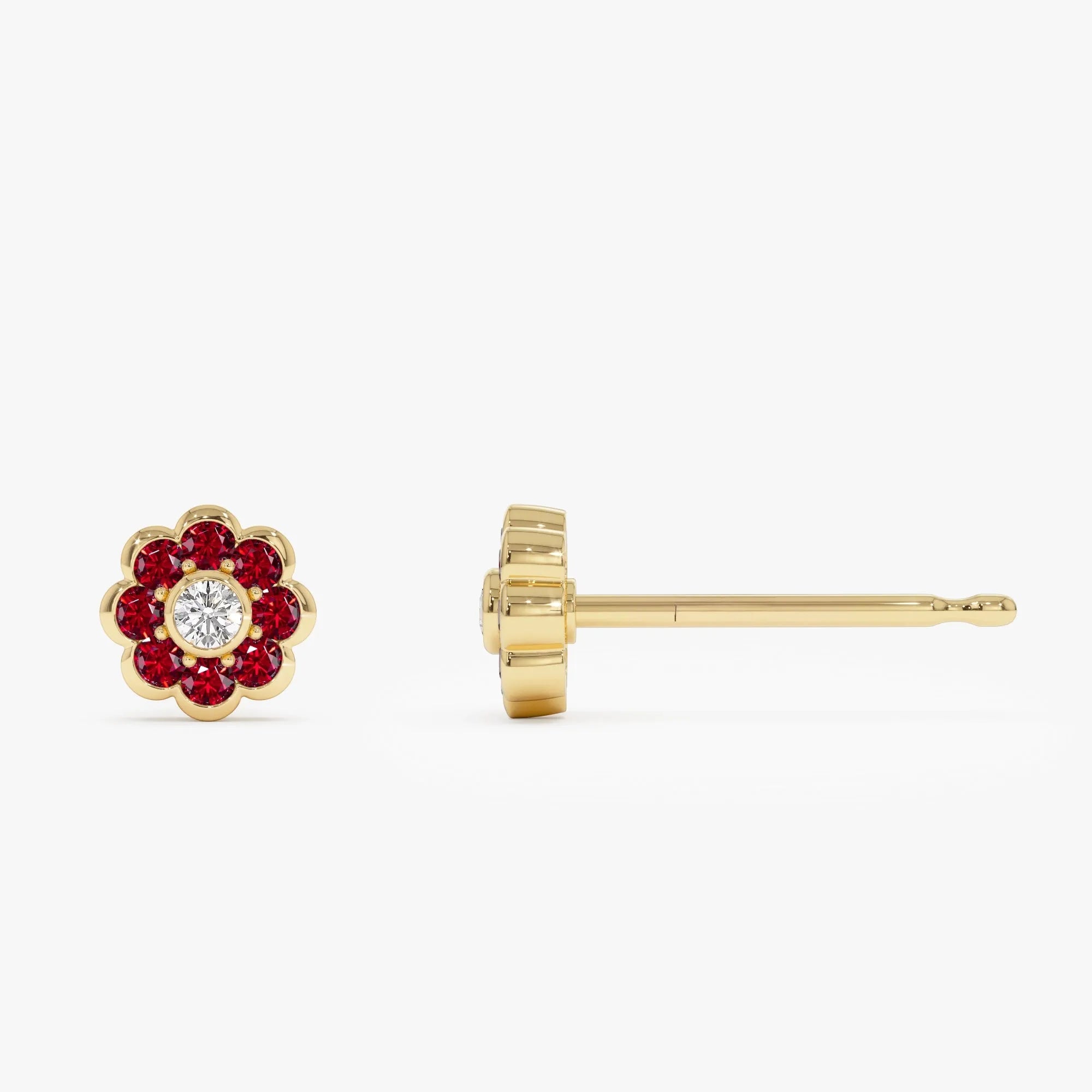 4k Gold Ruby and Diamond Round Cut Flower Stud Earrings Bezel Setting 0.57 ctw