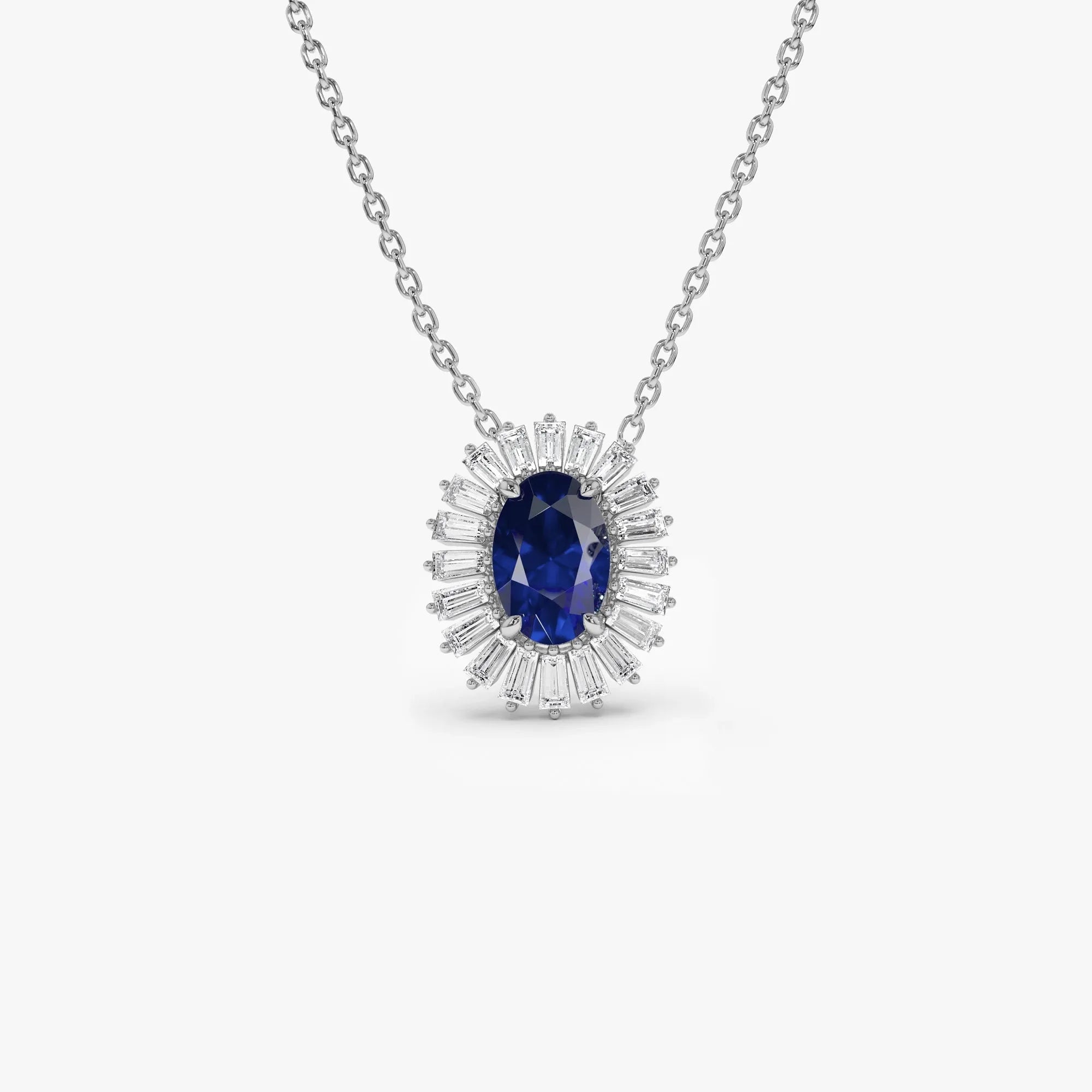 14k Solid Gold Sapphire and Diamond Oval Baguette Halo Necklace 0.70 Carat Prong Setting