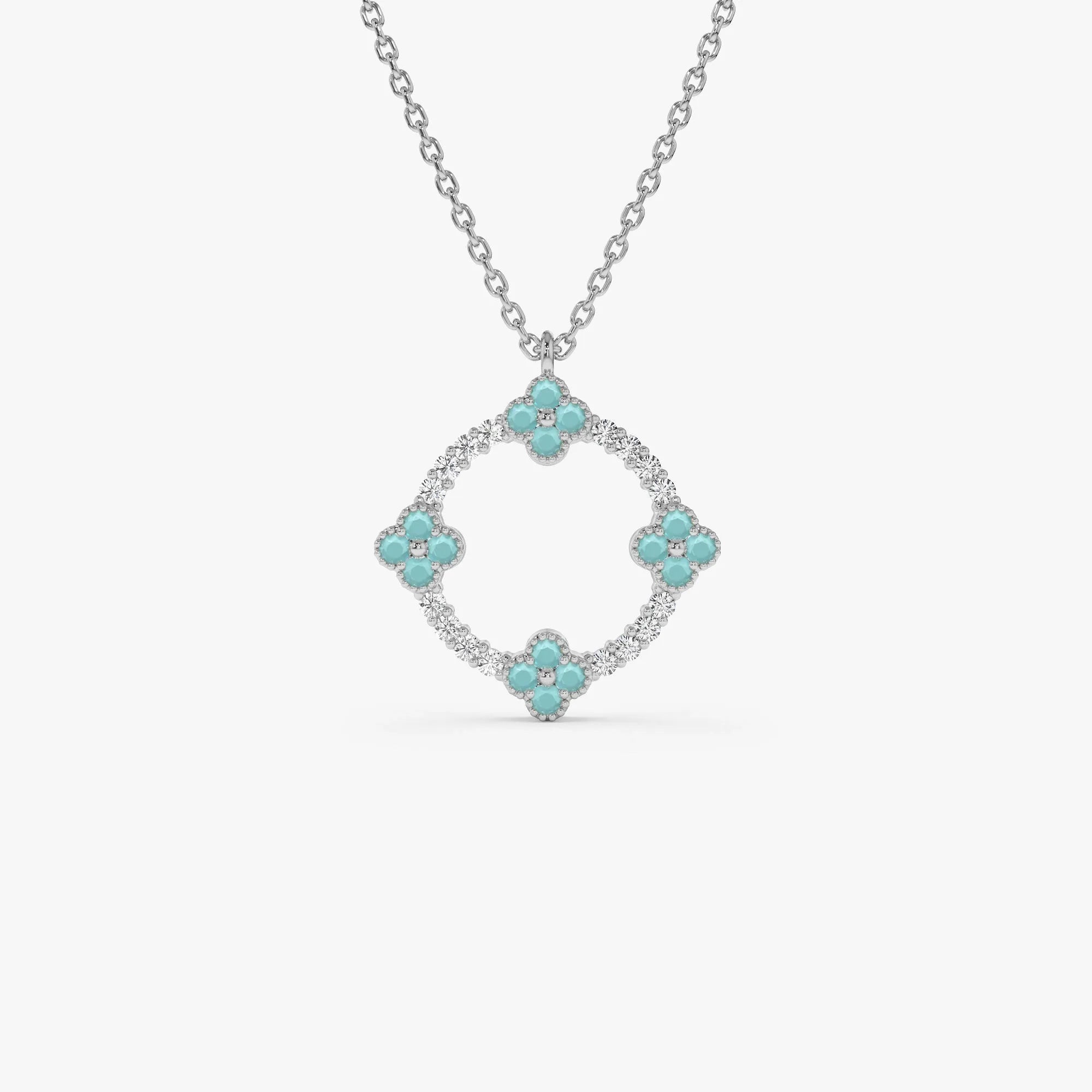 14k Solid Gold Turquoise and Diamond Round Clover Necklace 0.33 Carat