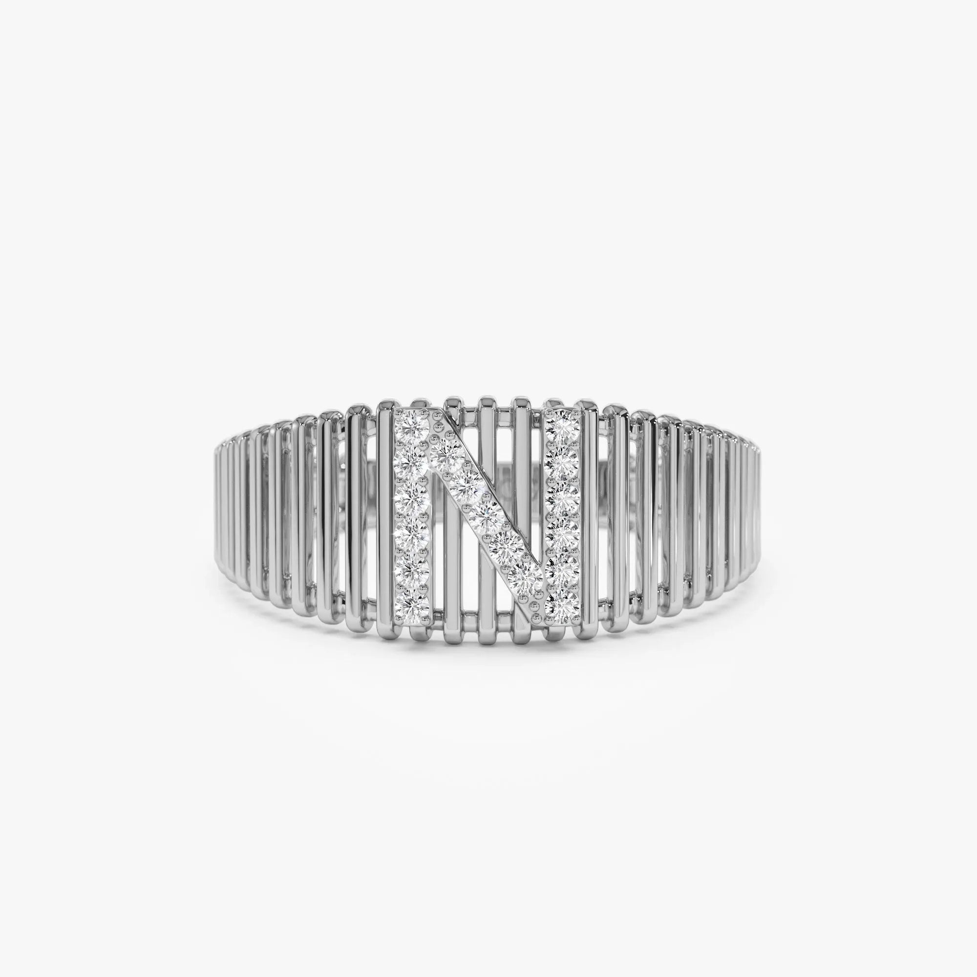 14K Solid Gold Round Diamond Ribbed Cage Initial Ring Personalized Custom Jewelry