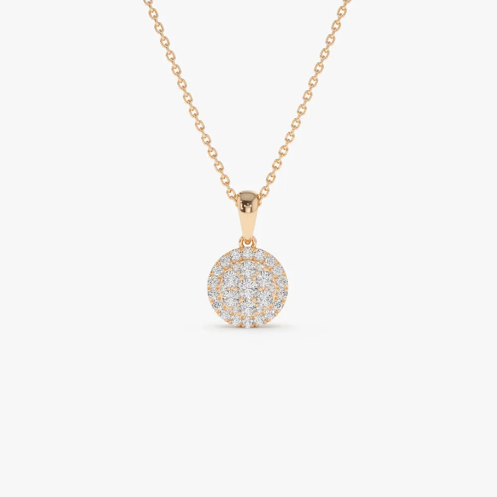 14K Solid Gold Round Diamond Illusion Cluster Disc Necklace 0.42ctw