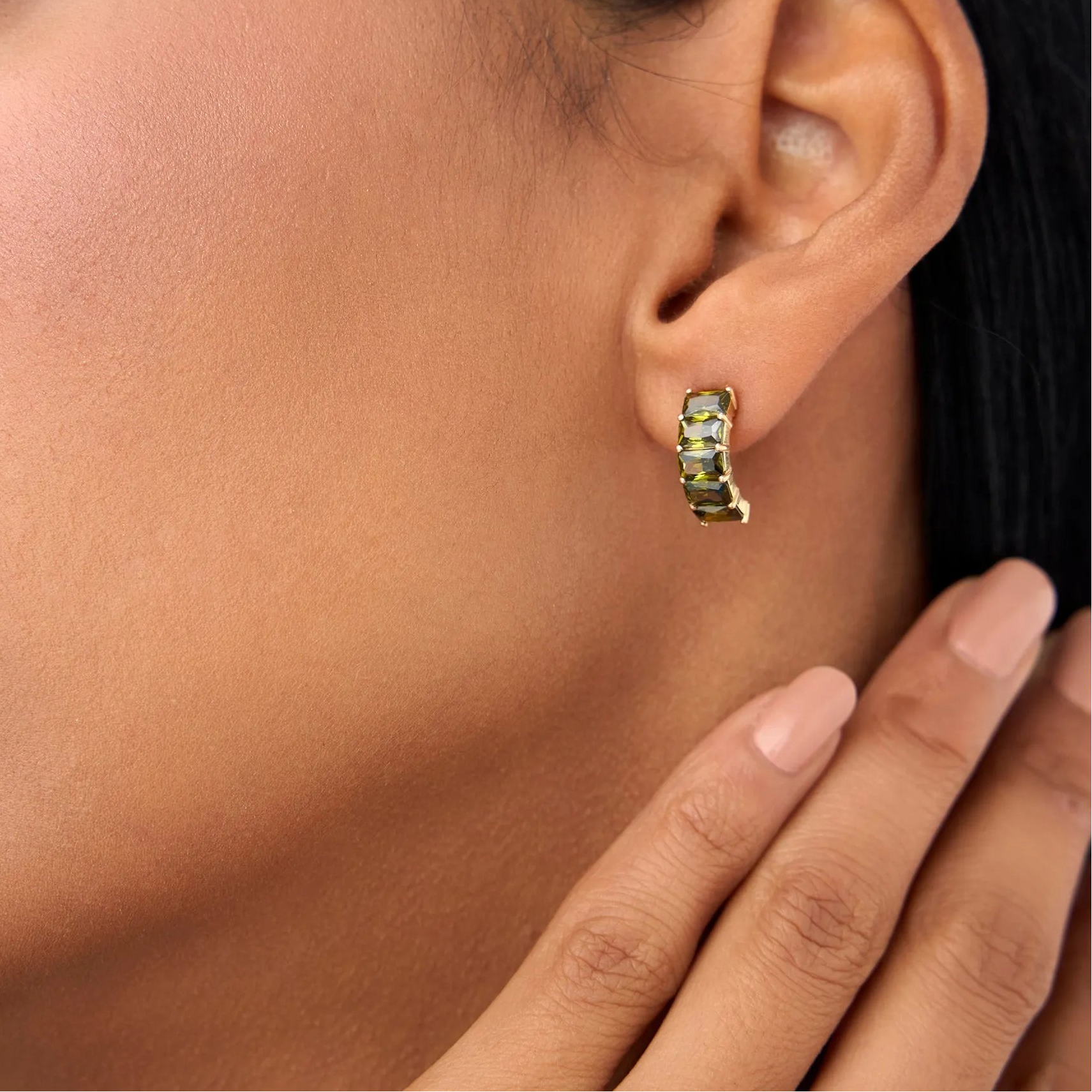 14K Solid Gold Octagon Cut Peridot Half Hoop Earrings 2.80ctw