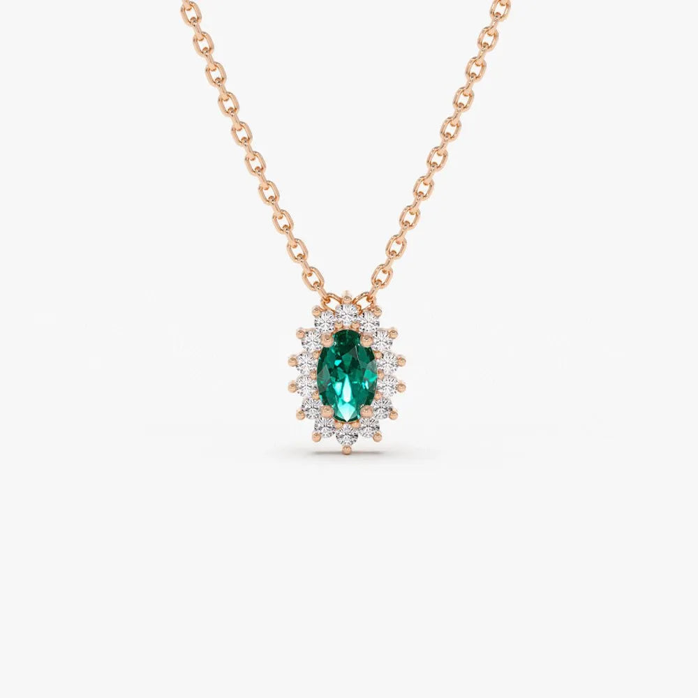 14k Solid Gold Oval Emerald 0.25 CTW and Round Diamond 0.12 CTW Halo Necklace