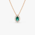 14k Solid Gold Oval Emerald 0.25 CTW and Round Diamond 0.12 CTW Halo Necklace