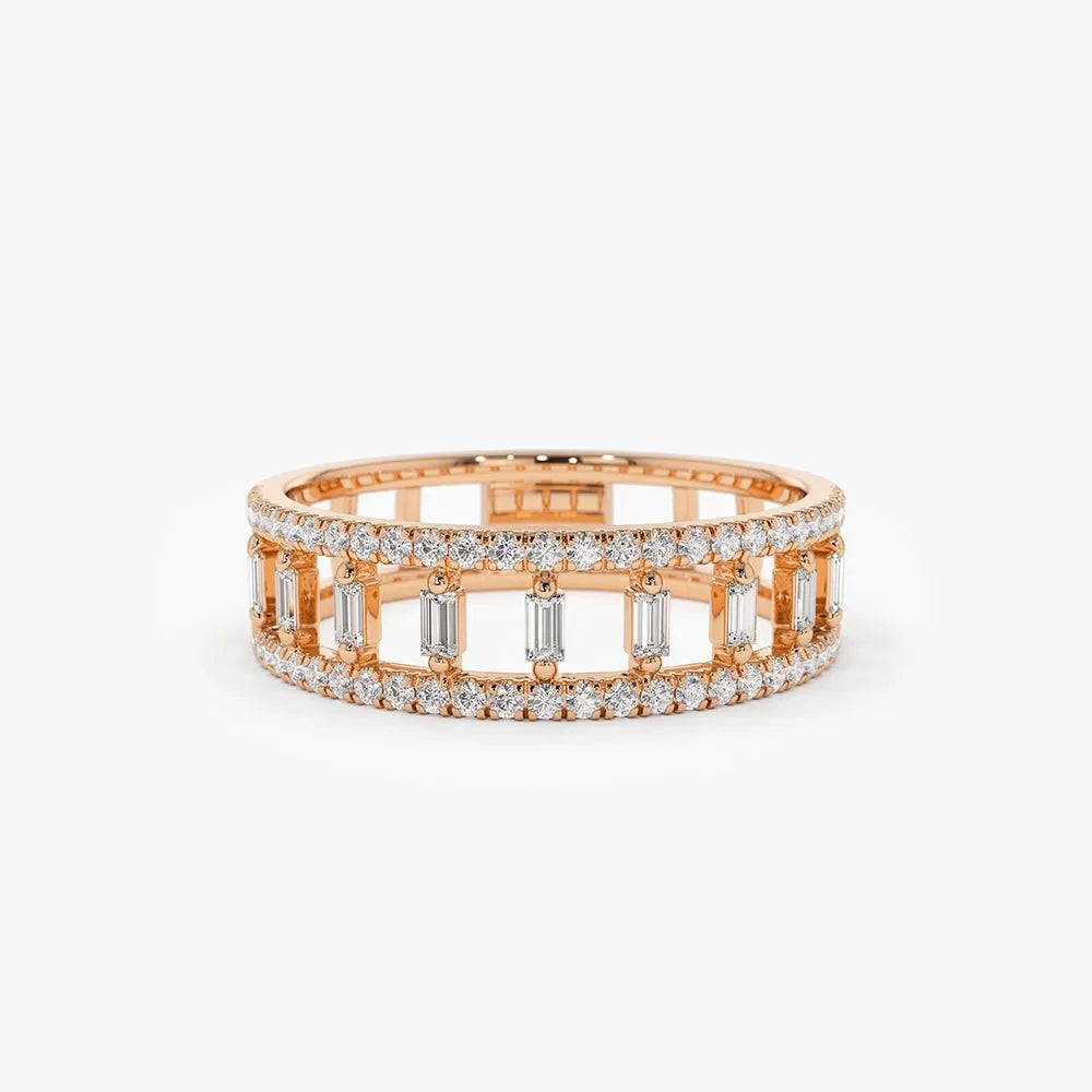 14K Solid Gold 0.40 Carat Baguette and Round Cut Diamond Double Row Micro Pave Ring