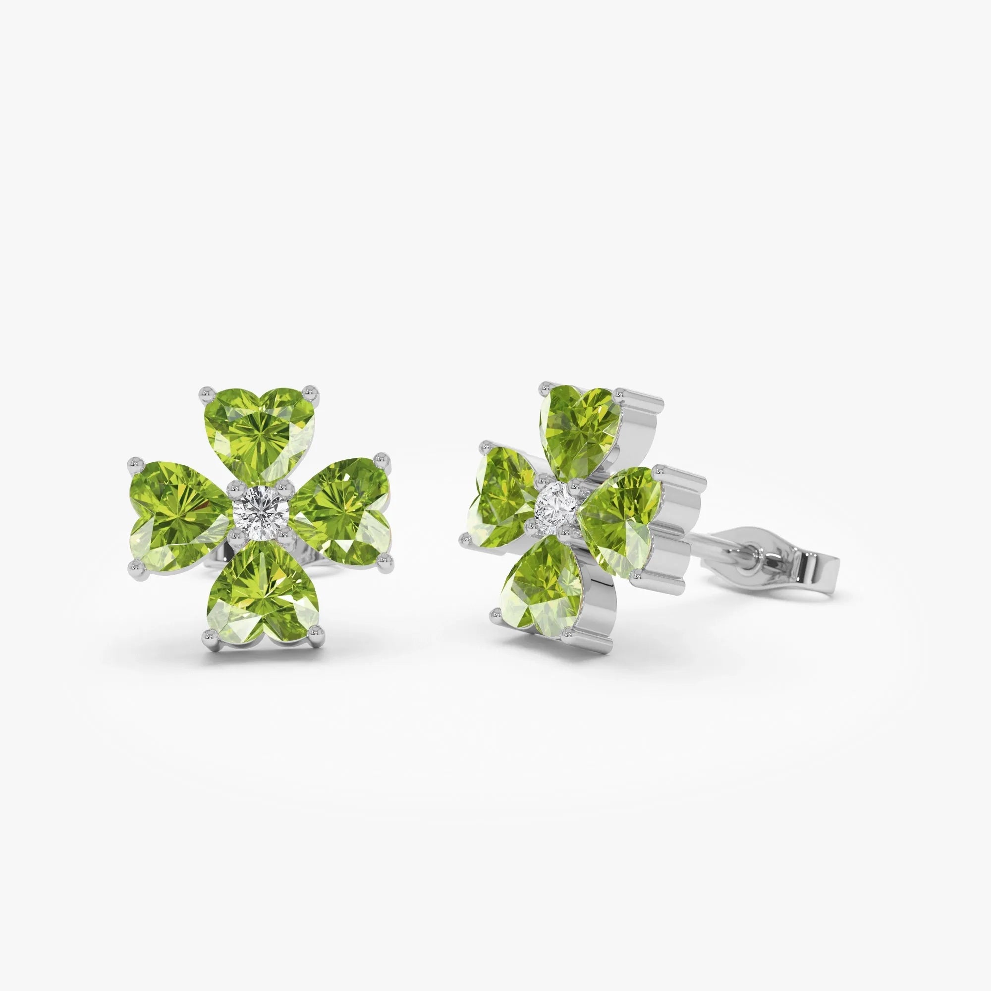 14K Solid Gold Heart Shaped Peridot and Diamond Four Leaf Clover Stud Earrings