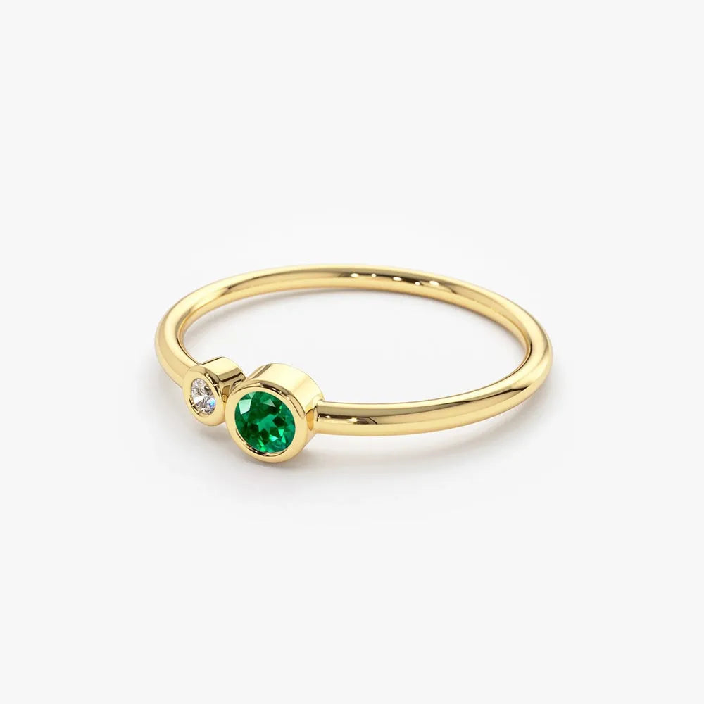 14K Solid Gold Round Emerald and Diamond Bezel Set Ring 0.17 CTW Handcrafted Jewelry