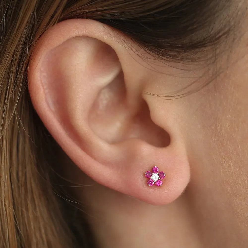 14k Gold Ruby and Diamond Round Cut Flower Stud Earrings 0.32 ctw