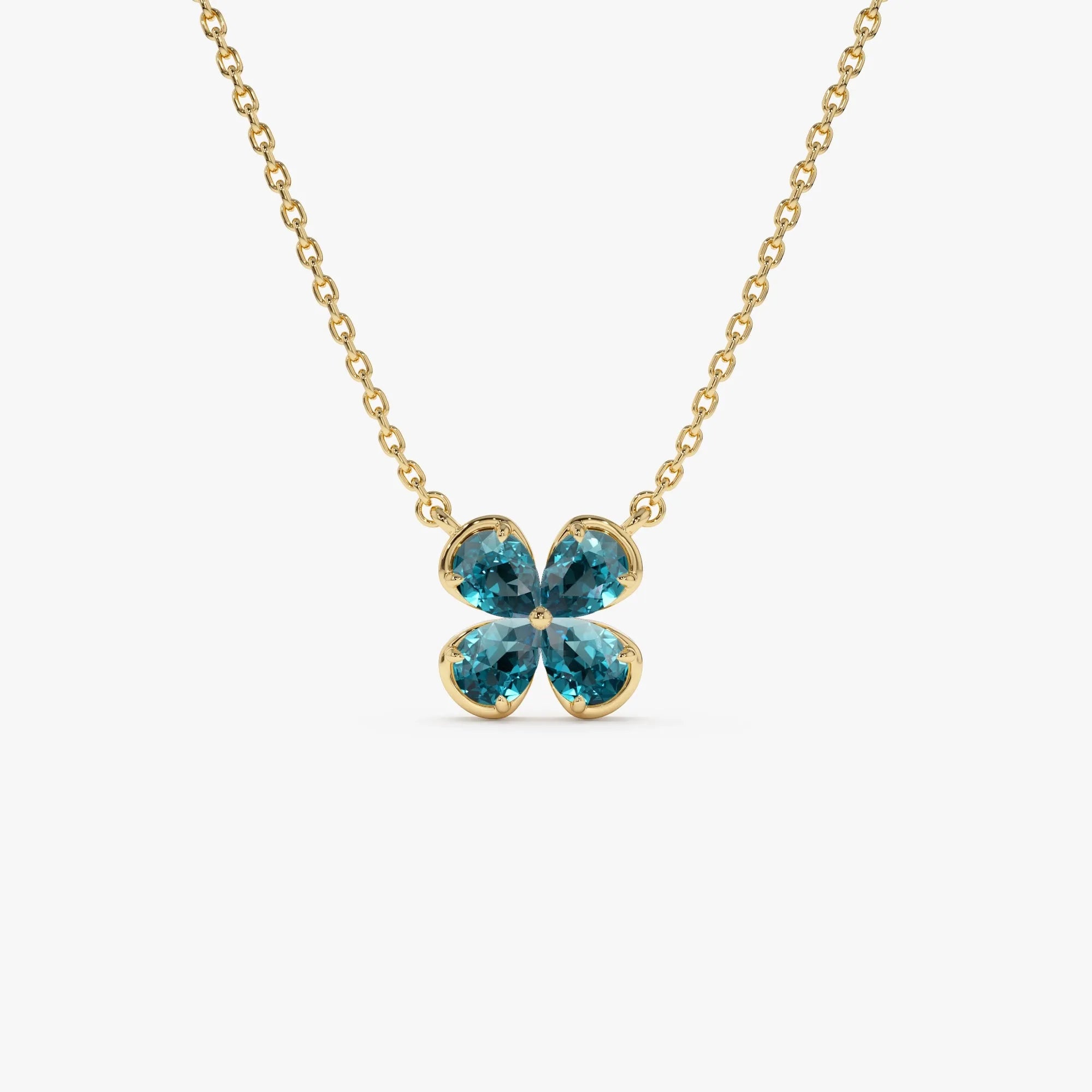 14k Solid Gold London Blue Topaz Pear Shaped Four Leaf Clover Necklace 0.80 Carat