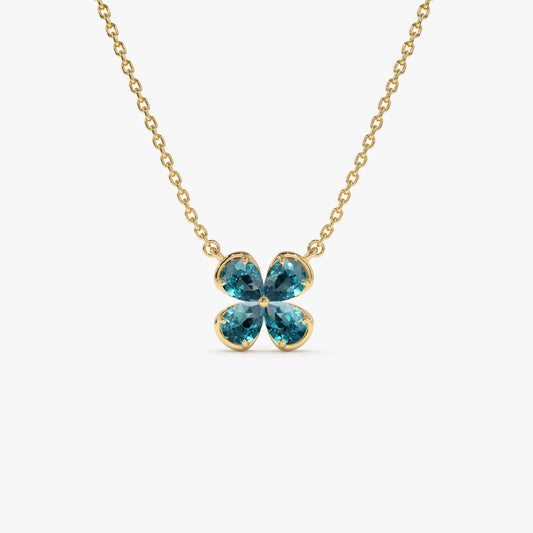 14k Solid Gold London Blue Topaz Pear Shaped Four Leaf Clover Necklace 0.80 Carat