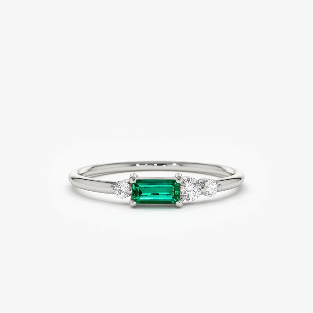 14K Solid Gold Baguette Emerald and Round Diamond Ring 0.23 CTW Handcrafted Jewelry