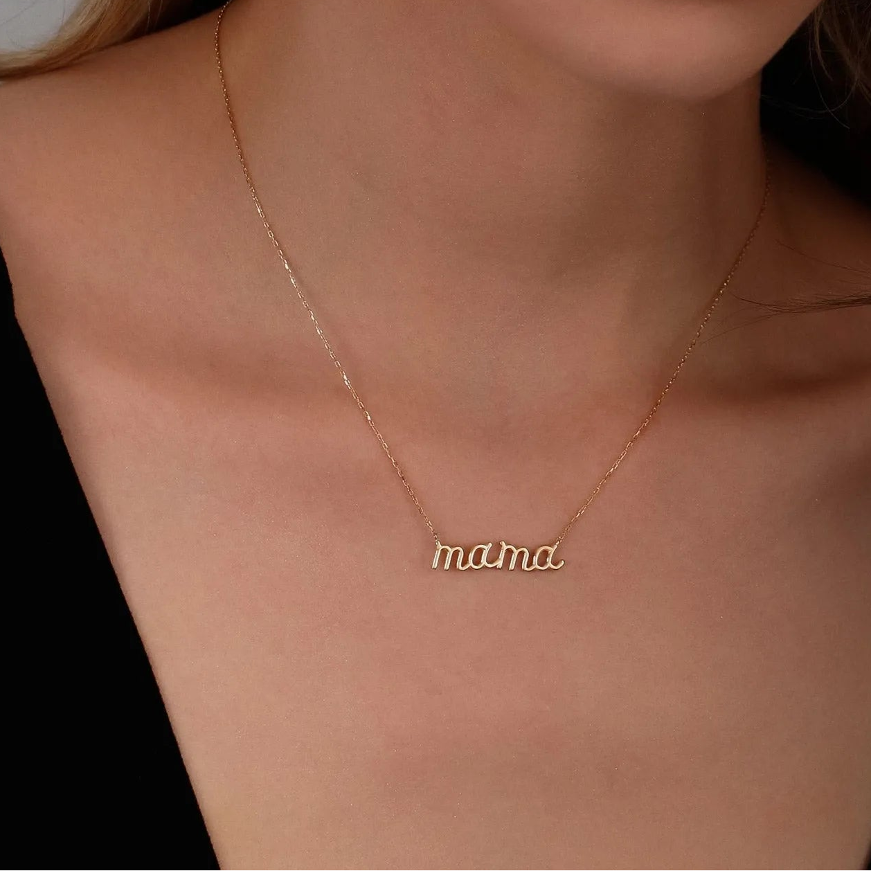 14k Solid Gold Script Mama Pendant Necklace