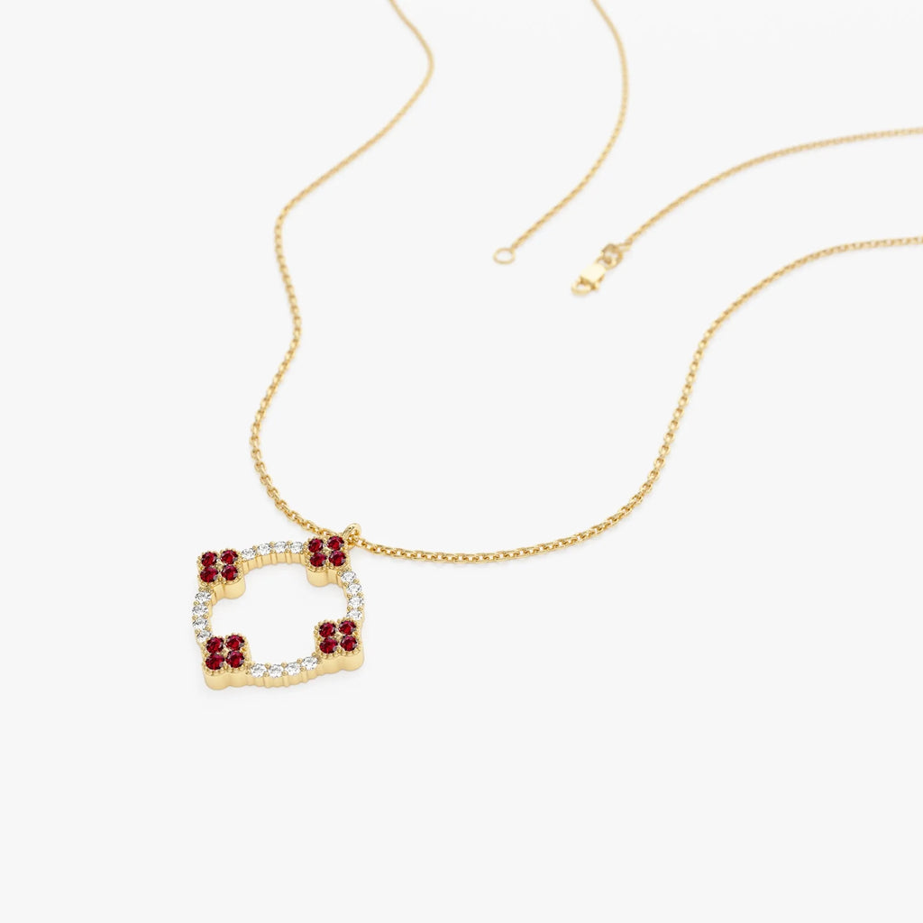 14k Solid Gold Ruby and Diamond Round Clover Necklace 0.32 Carat