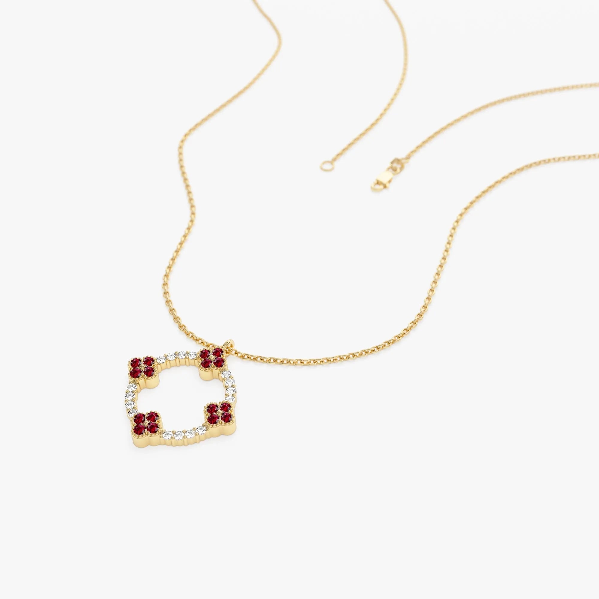 14k Solid Gold Ruby and Diamond Round Clover Necklace 0.32 Carat