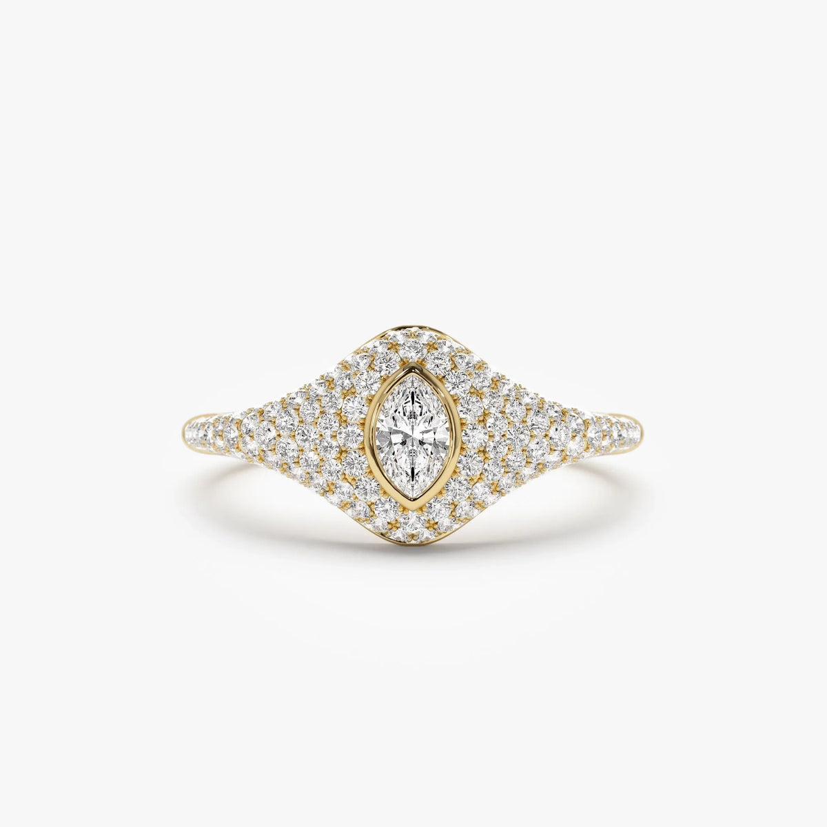 14k Solid Gold Marquise and Round Diamond 0.85 Carat Pave Setting Signet Ring