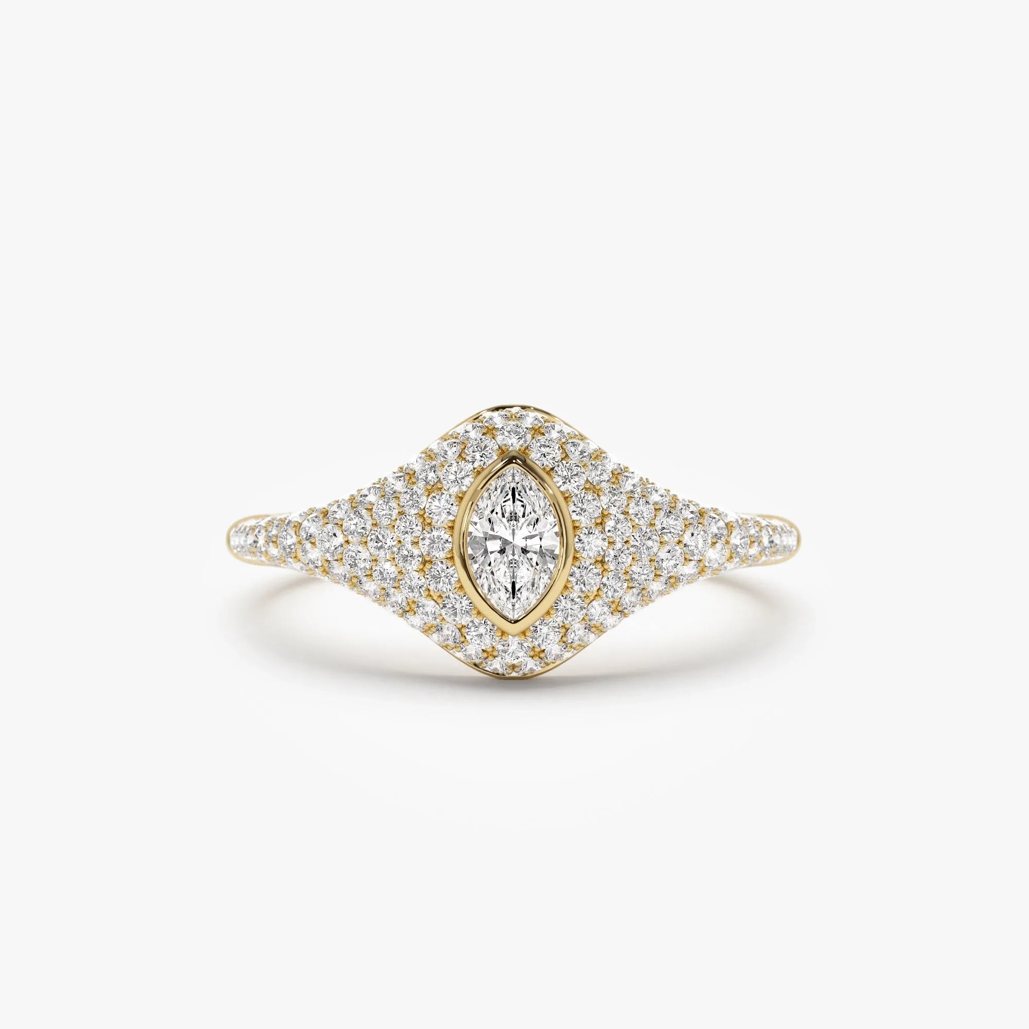 14k Solid Gold Marquise and Round Diamond 0.85 Carat Pave Setting Signet Ring