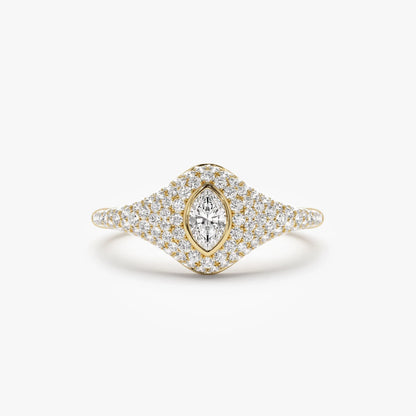 14k Solid Gold Marquise and Round Diamond 0.85 Carat Pave Setting Signet Ring