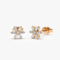 14k Gold Diamond Round and Baguette Cut Mini Flower Stud Earrings 0.23 ctw