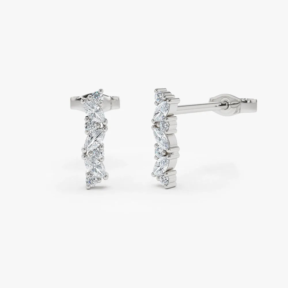 14k Gold Diamond Marquise and Round Cut Alternating Stud Earrings 0.27 ctw