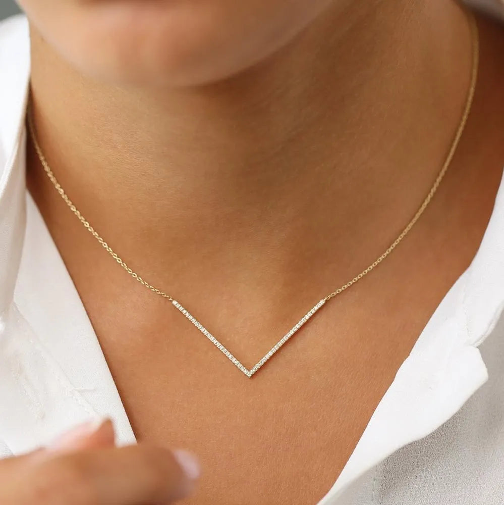 14K Solid Gold Round Diamond Micro Pave V Shaped Chevron Necklace 0.30ctw