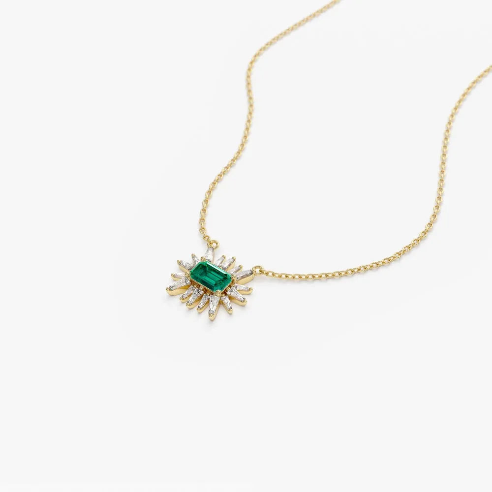 14k Solid Gold Emerald Cut Emerald 0.25 CTW and Tapered Baguette Diamond 0.25 CTW Pendant Necklace