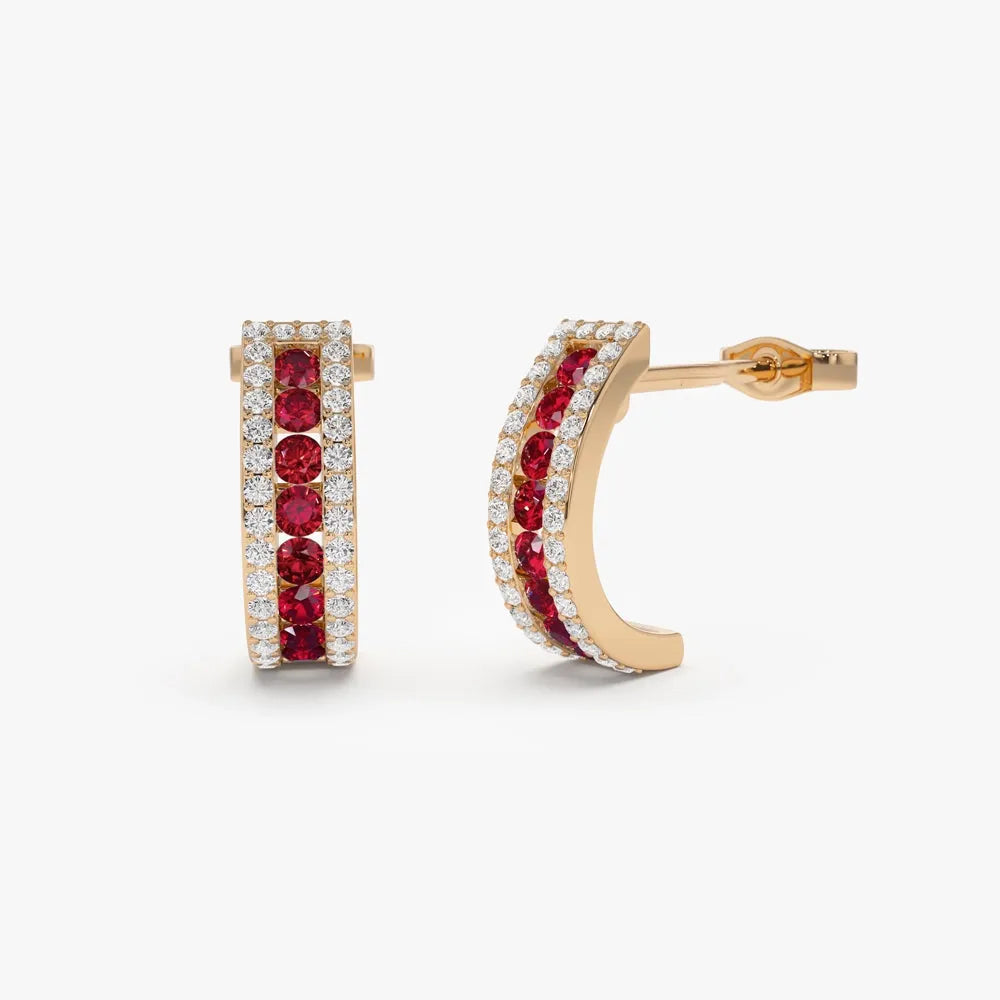 14k Gold Ruby and Diamond Round Cut Hoop Earrings 0.80 ctw